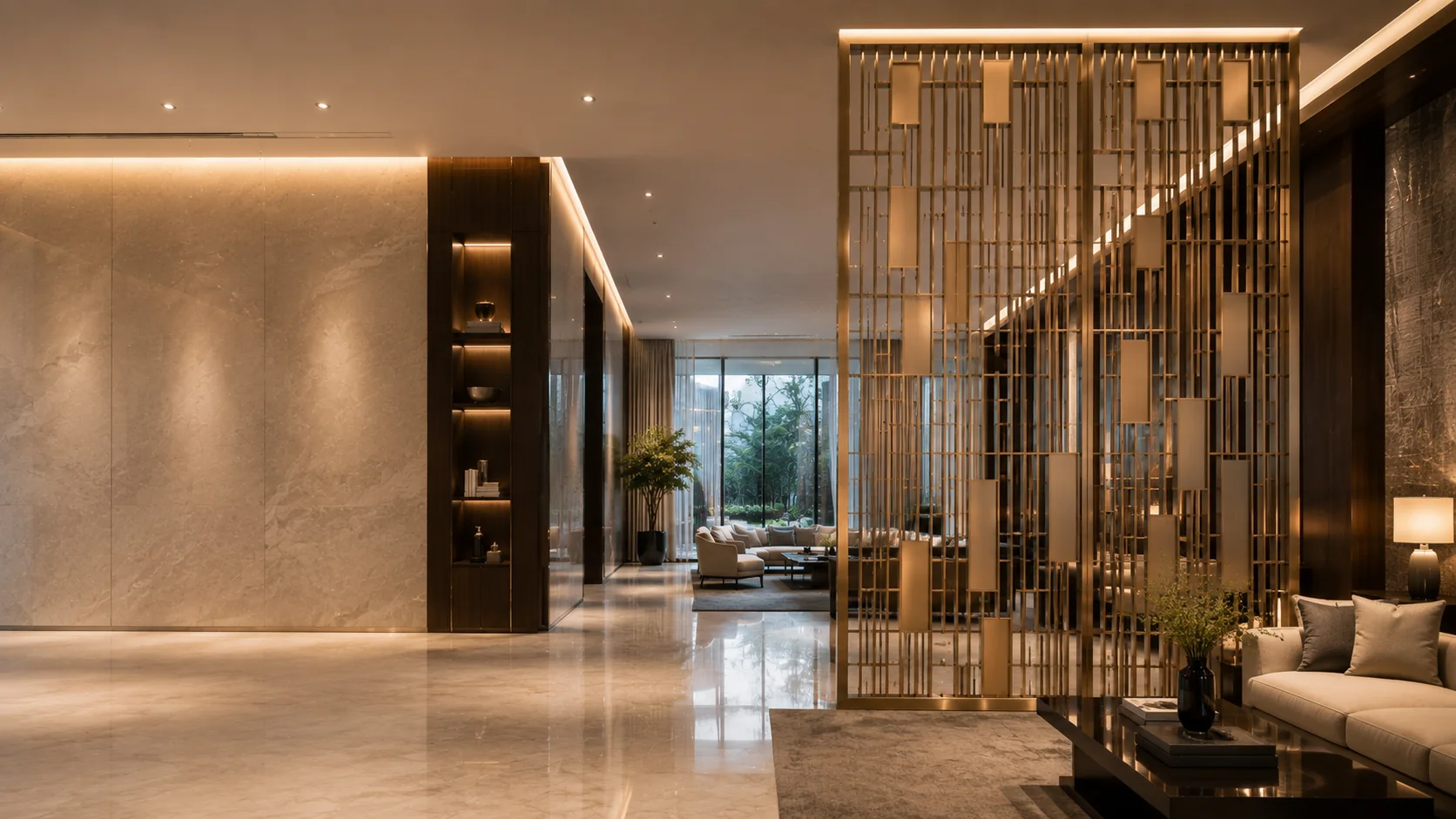Champagne gold decorative screen in a luxury interior